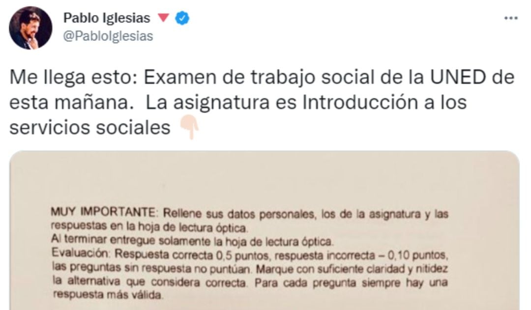 Tuit de Pablo Iglesias con la pregunta del examen de la UNED