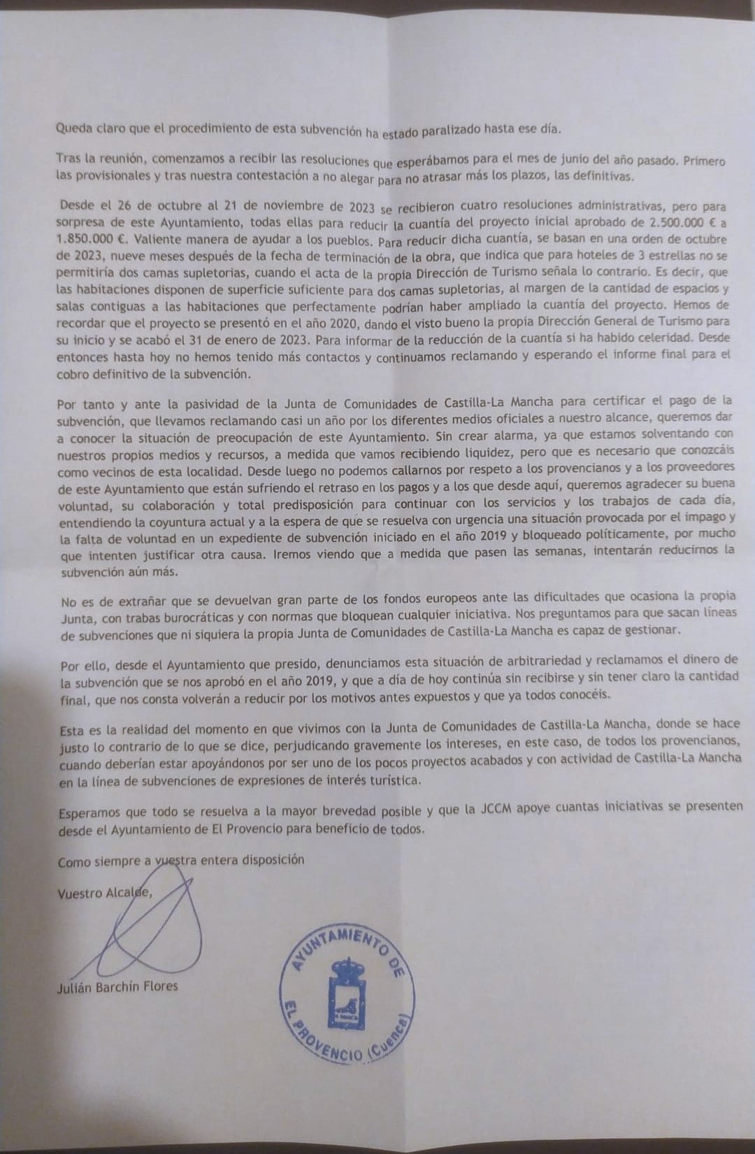 Carta que envió el Ayuntamiento de El Provencio a los vecinos explicando que perdían una parte de la subvención