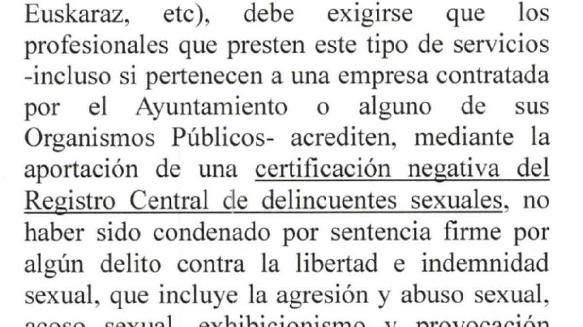 El Ayuntamiento pide un certificado de delitos sexuales en los trabajos con niños
