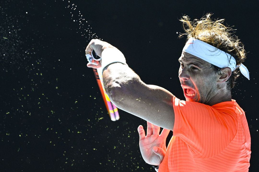 .Rafael Nadal of Spain in action during his first Round Men's singles match against Laslo Djere of Serbia on Day 2 of the Australian Open at Melbourne Park in Melbourne, Tuesday, February 9, 2021. (AAP Image/Dean Lewins) NO ARCHIVING, EDITORIAL USE ONLY