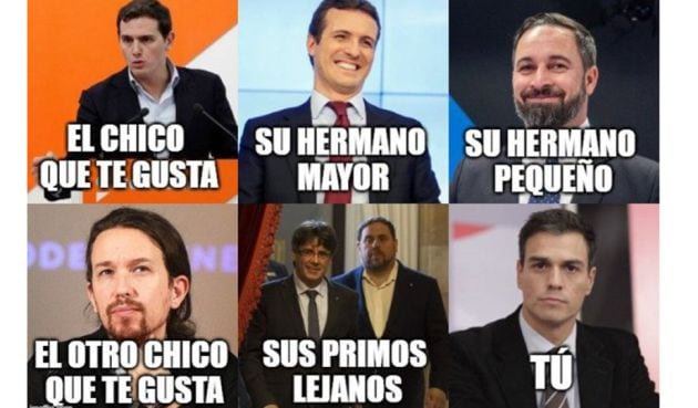 Pedro Sánchez, entre Rivera e Iglesias.