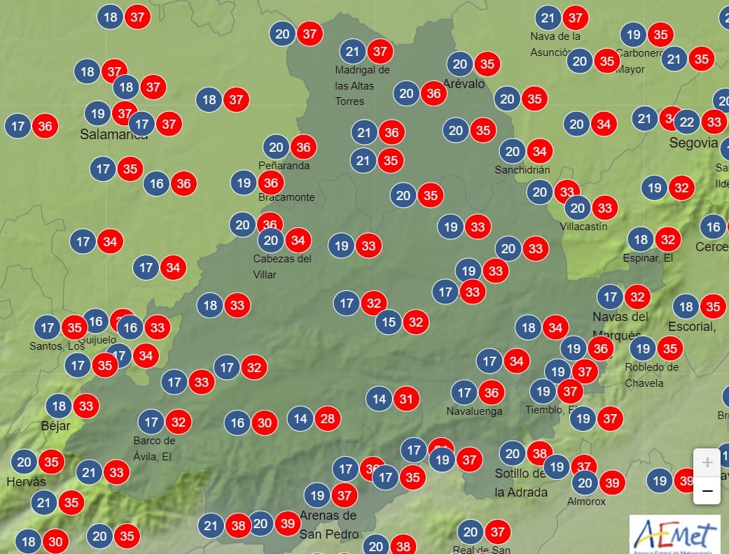 Temperaturas previstas por la AEMET para el 21 de mayo