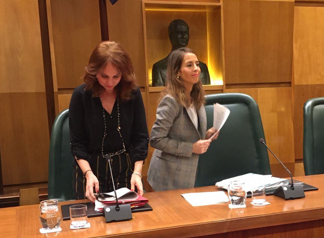 Carmen Herrarte (Ciudadanos) y María Navarro (PP), antes de comenzar la Comisión de Hacienda