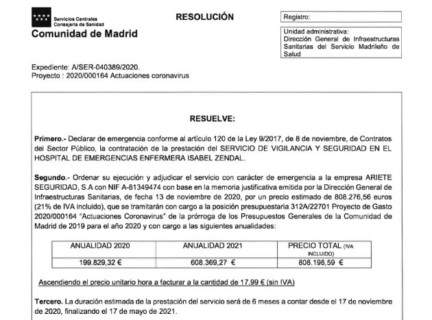 Resolución de la Consejería de Sanidad que autoriza la contratación por la vía de emergencia con Ariete Seguridad, S.A.