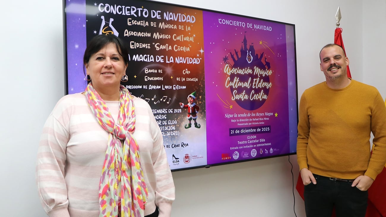 Loli Soler, presidenta de la AMCE Santa Cecilia de Elda; junto a Iñaki Pérez, edil de Cultura de Elda
