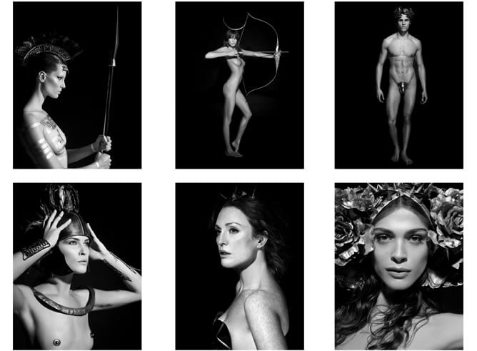 Algunas de las imágenes del calendario (izda a dcha, arriba a abajo): Iris Strubegger, representada como Atenea, Daria Werbowy, como Artemisa, Baptiste Giabiconi, como Apolo, Erin Wasson, como Ajax, Julianne Moore, como Hera y Elisa Sednaoui como Flora.