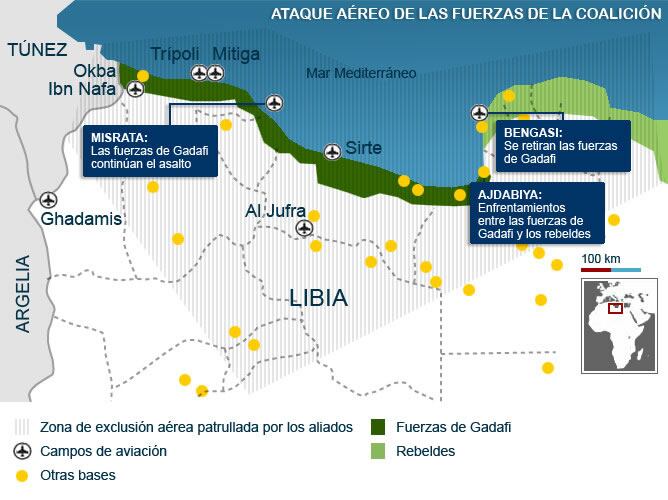 Mapa de los enfrentamientos en Libia entre fuerzas leales y la coalición y los rebeldes