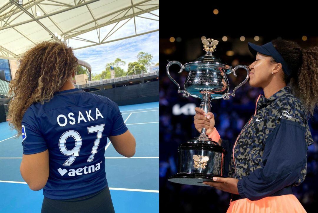 Naomi Osaka, ganadora del Open de Australia 2021, a la izquierda con la camiseta del North Carolina Courage y a la derecha con el trofeo de su cuarto Grand Slam.