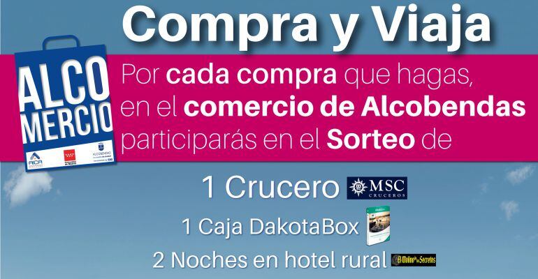 Cartel de la promoción &#039;Compra y Viaja&#039; para fomentar el comercio local de AICA