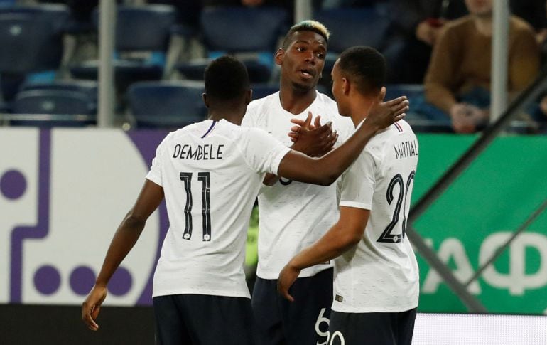 El jugador francés Paul Pogba celebra el gol conseguido ante Rusia