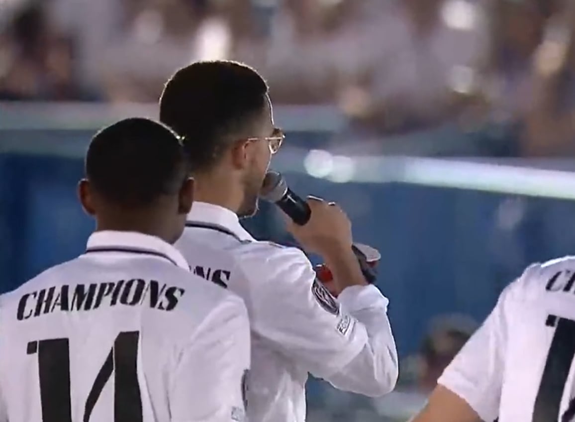 Hazard, durante la celebración de la Champions del Real Madrid en Cibeles.