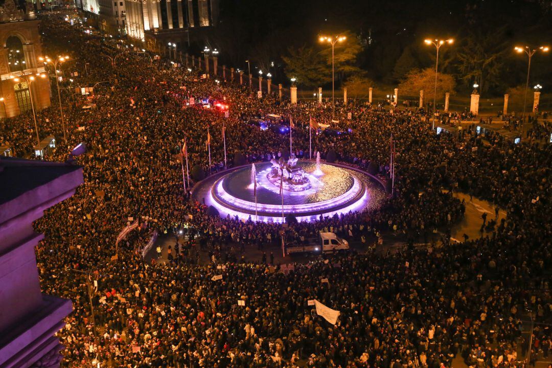 Manifestación de la última huelga feminista en la Plaza de Cibeles de Madrid.