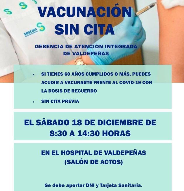 Imagen del cartel de la vacunación sin cita en Valdepeñas