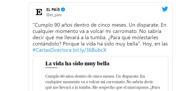 Captura del tuit sobre la carta a la directora escrita a 'El País'
