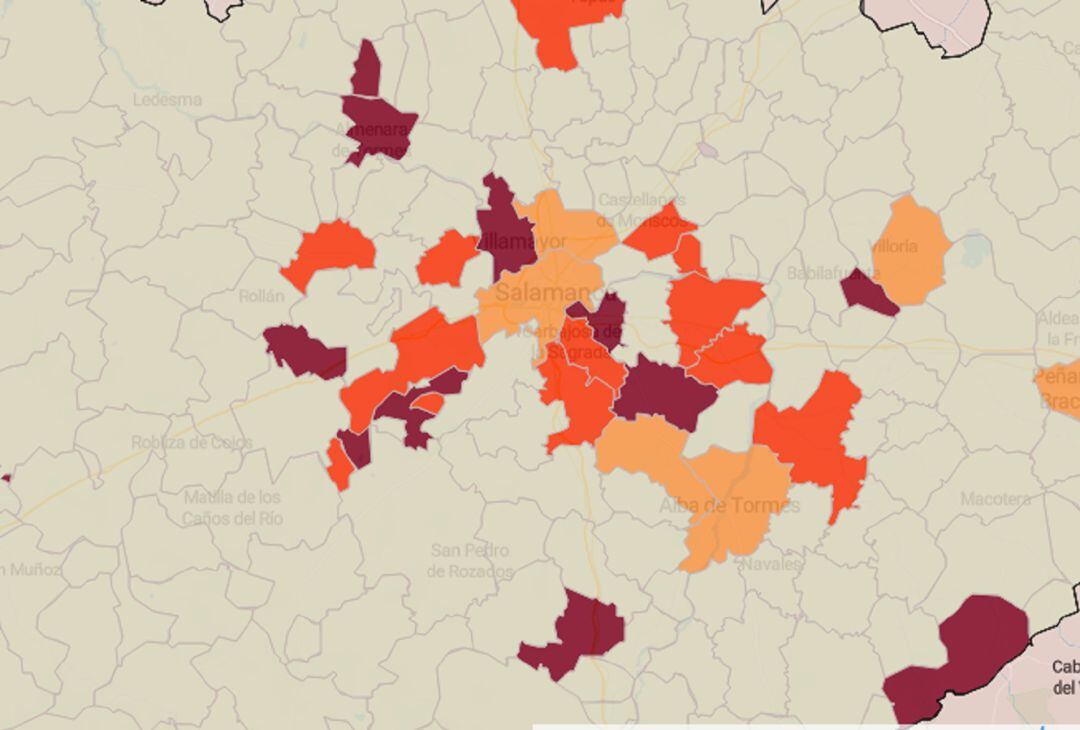 Mapa, por municipios, de la incidencia acumulada del covid en Salamanca