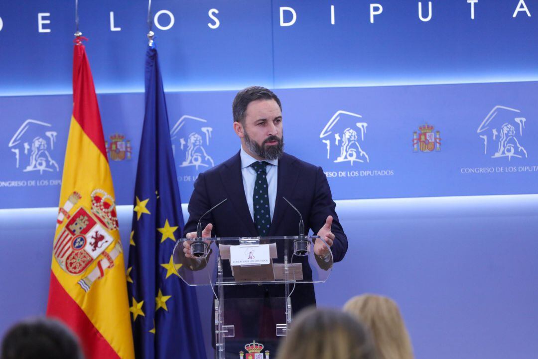 El presidente de VOX, Santiago Abascal en rueda de prensa