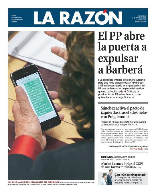 Portada de La Razón - 16 de marzo de 2016