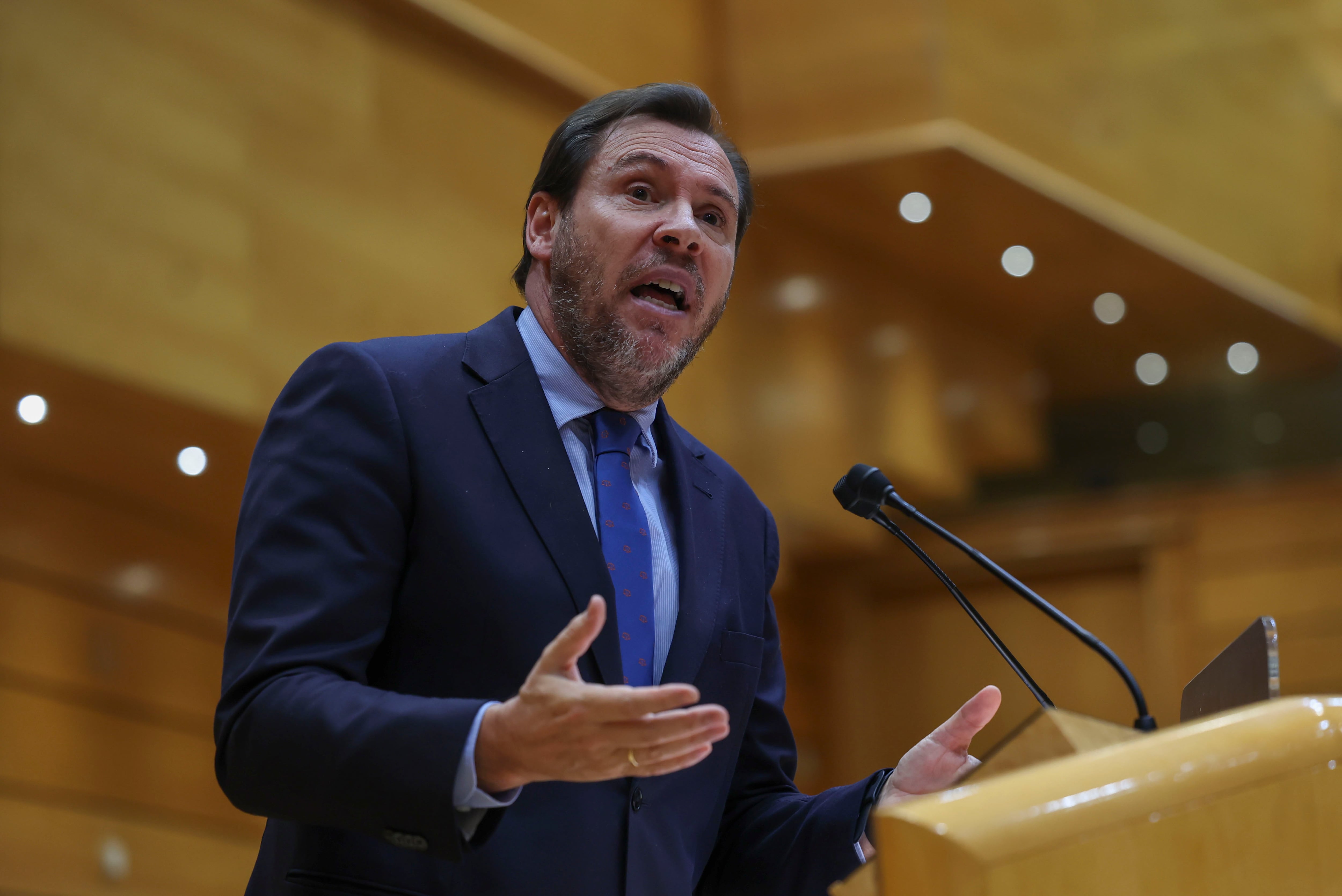 MADRID , 11/02/2025.- El ministro de Transportes, Óscar Puente, interviene durante la sesión de control al Gobierno celebrada por el pleno del Senado, este martes en Madrid. EFE/ Kiko Huesca
