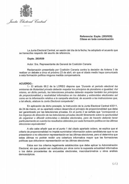 Resolución de la Junta Electoral Central sobre el debate a cinco del 23-A