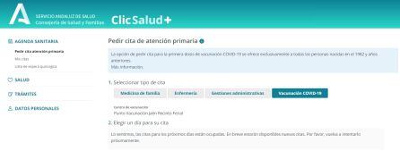 Esto es lo que aparece al intentar pedir cita de vacunación covid en Jaén