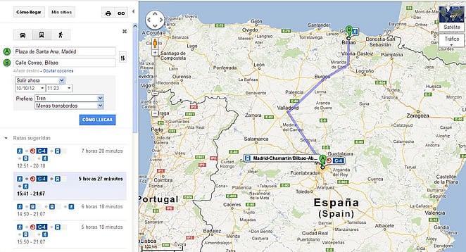 Búsqueda interurbana de Madrid a Bilbao usando transporte público