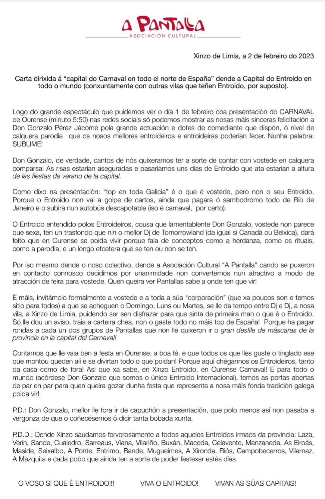 Carta de la Asociación Cultural A Pantalla dirigida a Jácome