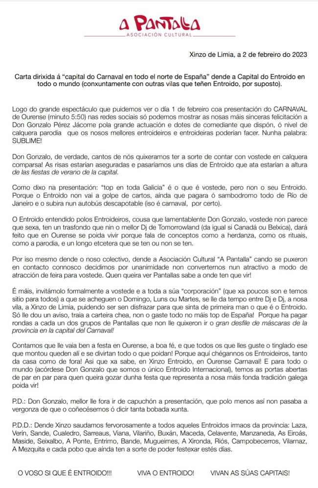 Carta de la Asociación Cultural A Pantalla dirigida a Jácome