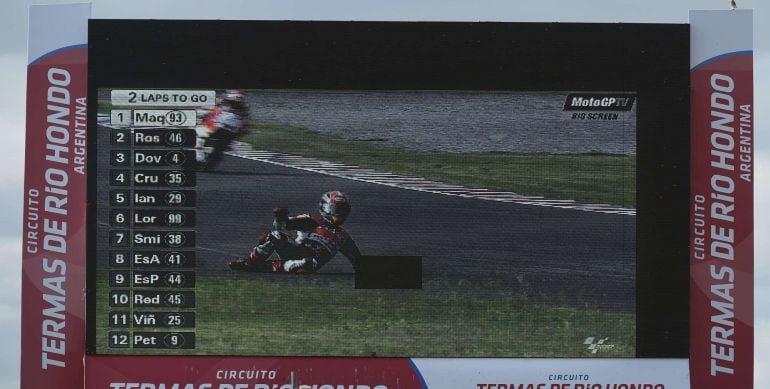 A giant screen displays the fall of Honda&#039;s Spanich biker Marc Marquez, during the Argentina Grand Prix at Termas de Rio Hondo circuit, in Santiago del Estero, Argentina on April 19, 2015. Italy&#039;s rider Valentino Rossi survived a late battle with defendin