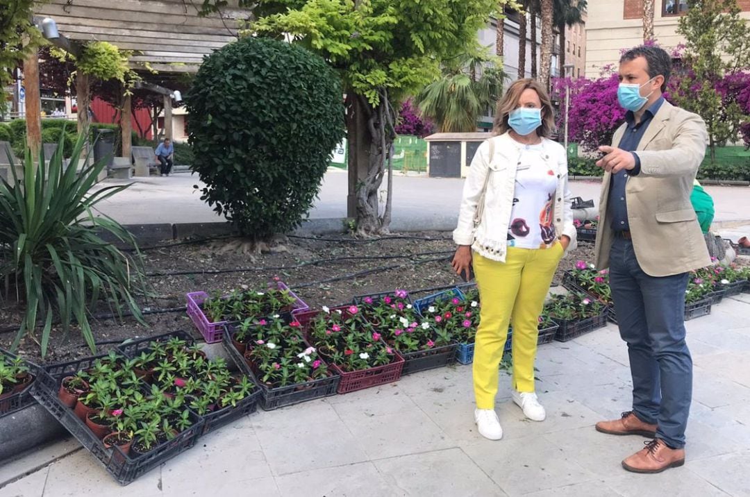 La concejala de Agricultura, Medio Ambiente y Sostenibilidad, María del Carmen Angulo, y el alcalde de Jaén, Julio Millán, en los jardines de la Plaza de la Constitución.