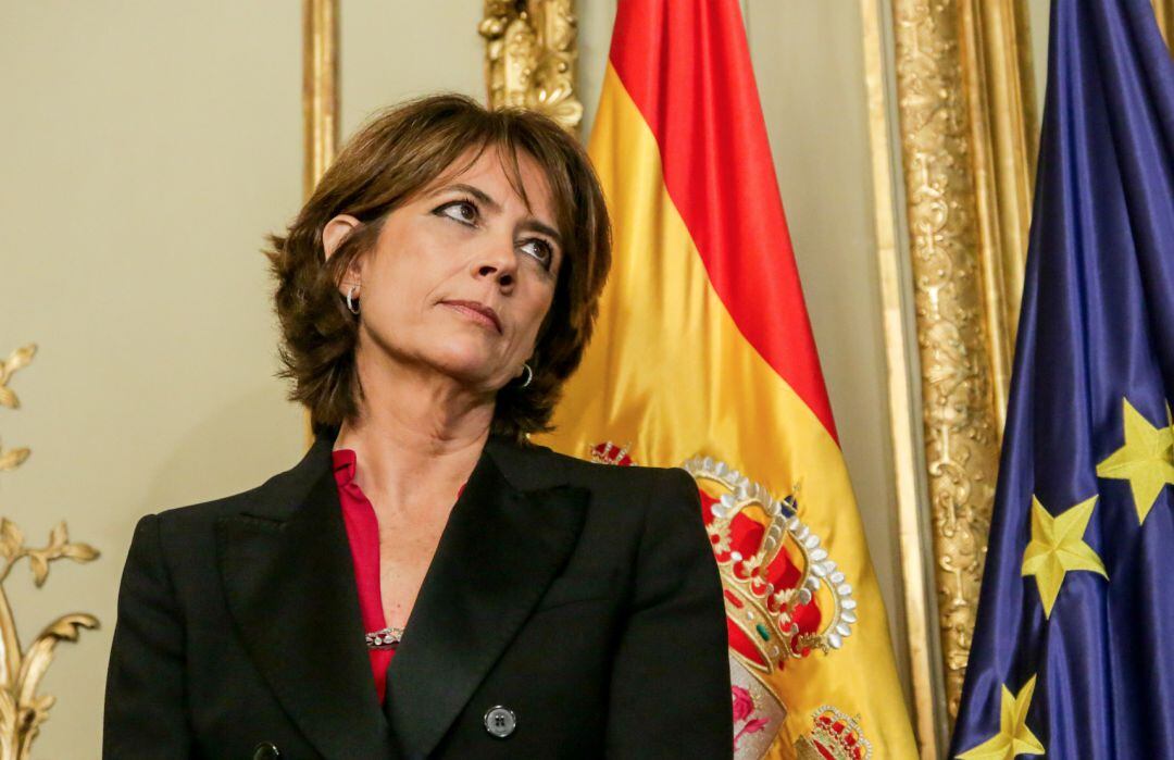 La exministra de Justicia y futura Fiscal General del Estado, Dolores Delgado, durante su intervención en la toma de posesión de los nuevos ministros de la coalición el pasado mes de enero 
 