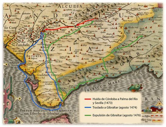 Desplazamiento de los conversos desde Córdoba a Sevilla y posteriormente a Gibraltar, y salida de Gibraltar hacia Sevilla, Cordoba, Málaga y Granada