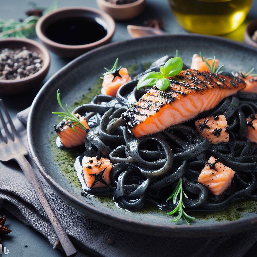 Pasta de salmón con tinta de sepia