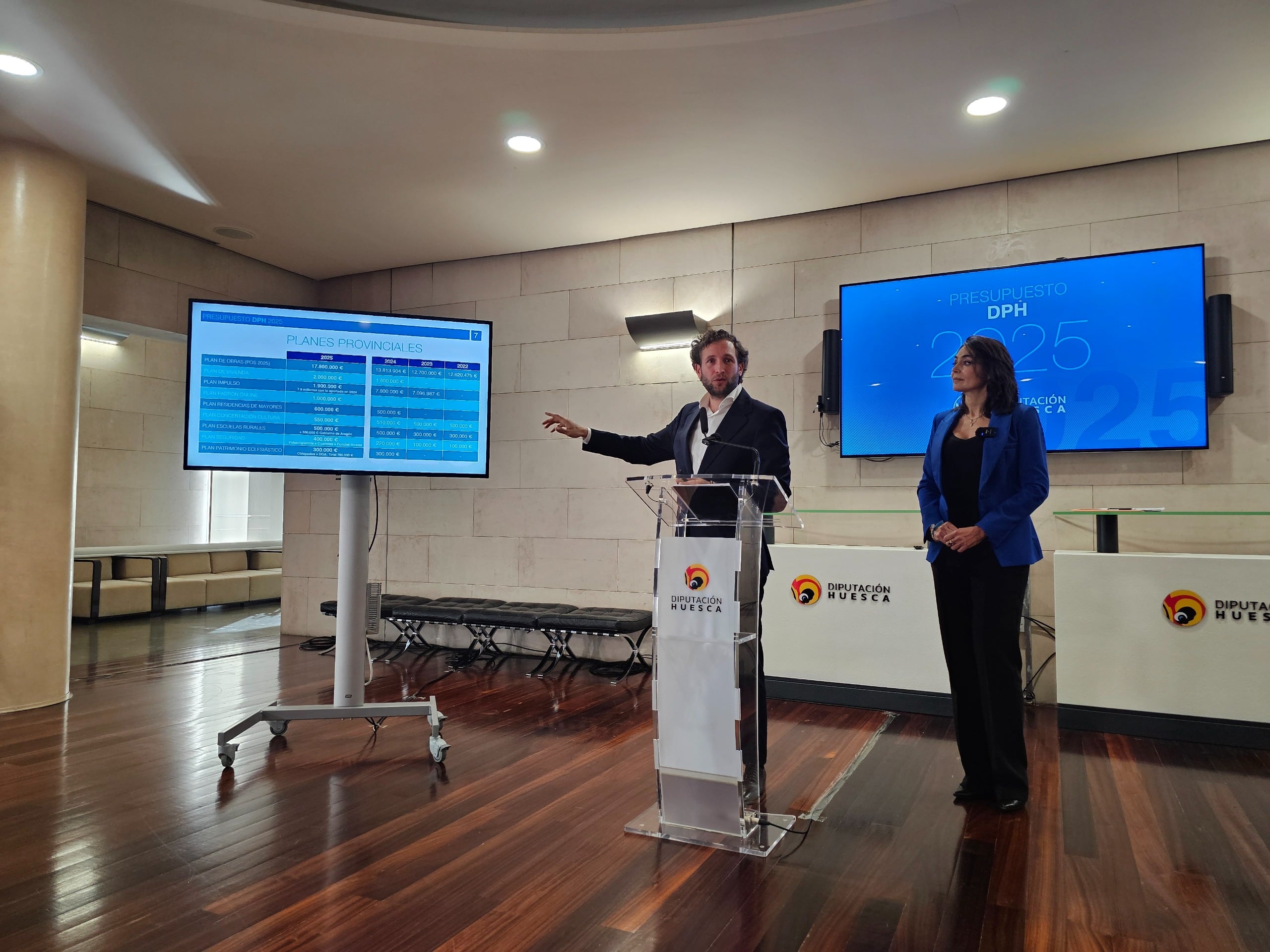 Isaac Claver y Celsa Rufas, presidente de la DPH y diputada delegada de Hacienda, en la presentación del borrador presupuestario de 2025