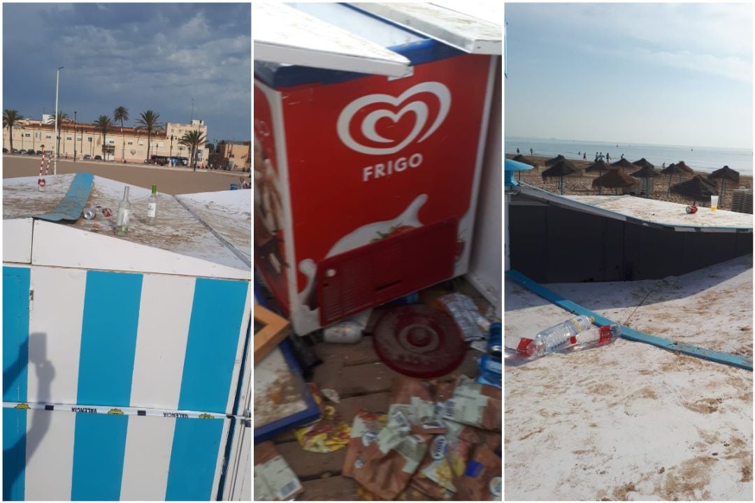 Destrozos en varios chiringuitos de la playa de la Malvarrosa en València