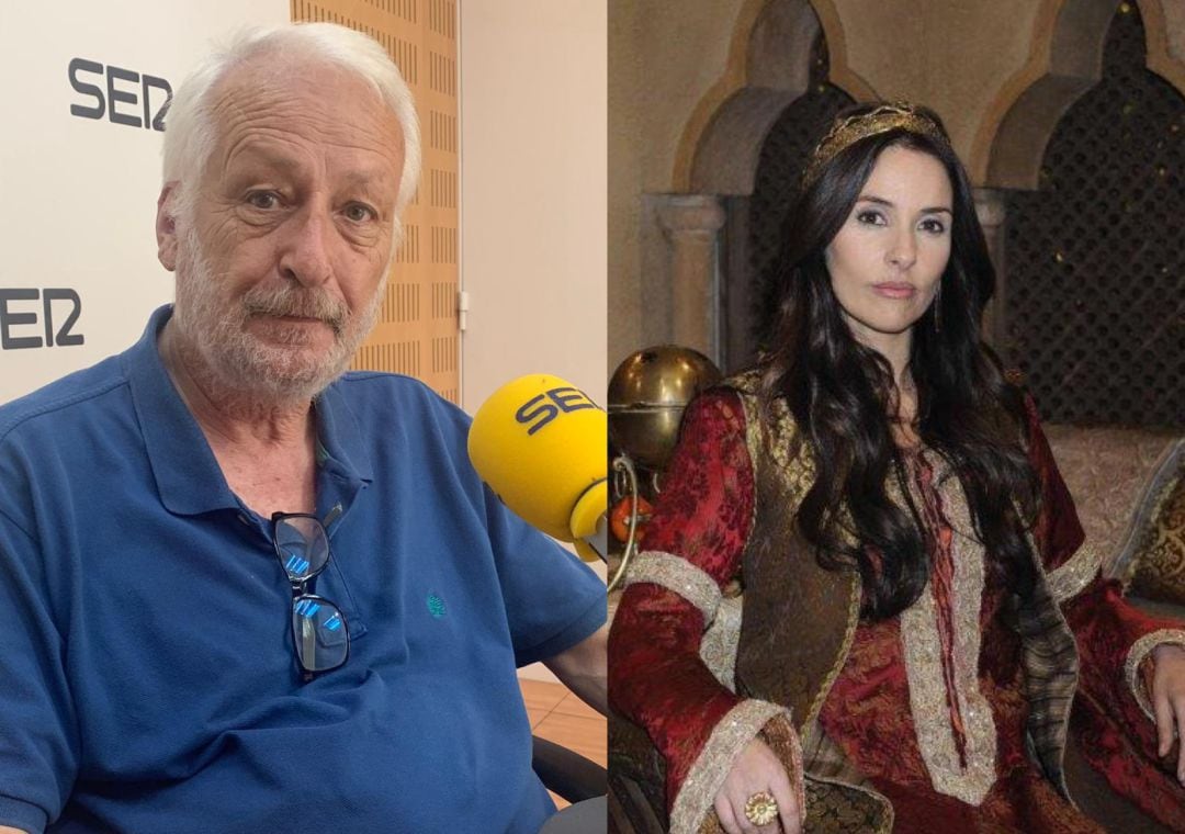 Manuel Muñoz Zielinski en los estudios de Radio Murcia, y la actriz Patricia Vico, caracterizada como Violante de Aragón, reina de Castilla, para una serie de televisión