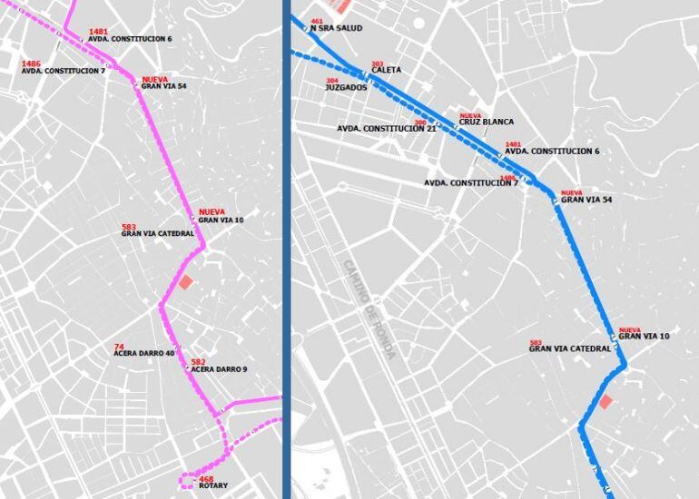 Mapas con los cambios de los autobuses urbanos de Granada que entran en vigor este domingo