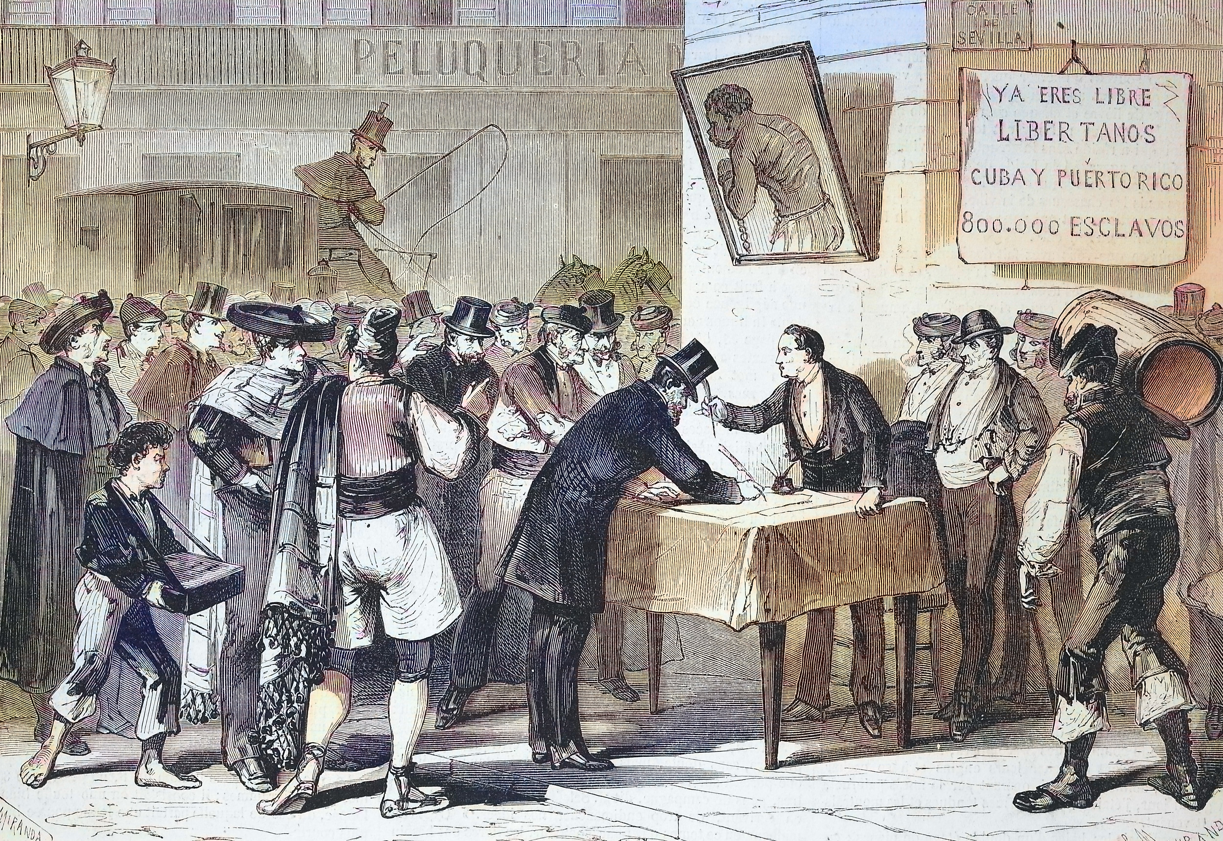 Suscripción pública en Madrid para la recompra de esclavos de Cuba y Puerto Rico, 1869, España. Reproducción histórica restaurada digitalmente de una obra de arte original del siglo XIX. Se desconoce la fecha exacta de la obra original.