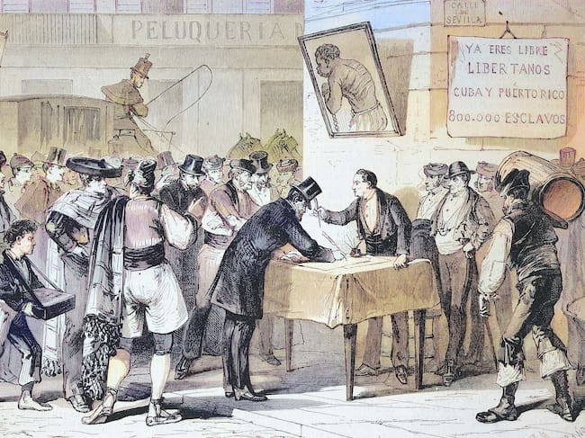 Suscripción pública en Madrid para la recompra de esclavos de Cuba y Puerto Rico, 1869, España. Reproducción histórica restaurada digitalmente de una obra de arte original del siglo XIX. Se desconoce la fecha exacta de la obra original.