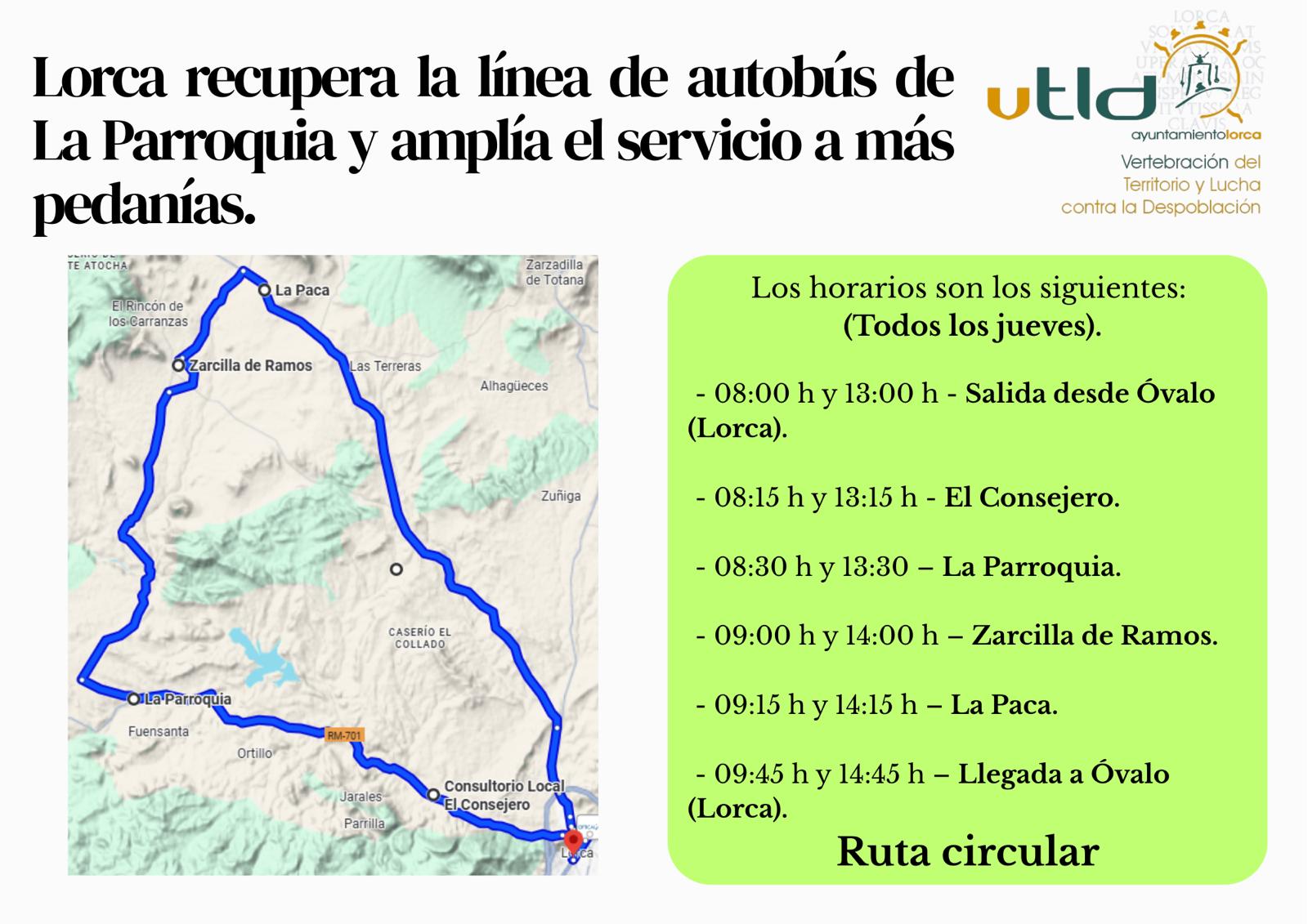 Lorca recupera la línea de autobús a La Parroquia y amplía el servicio a más pedanías.