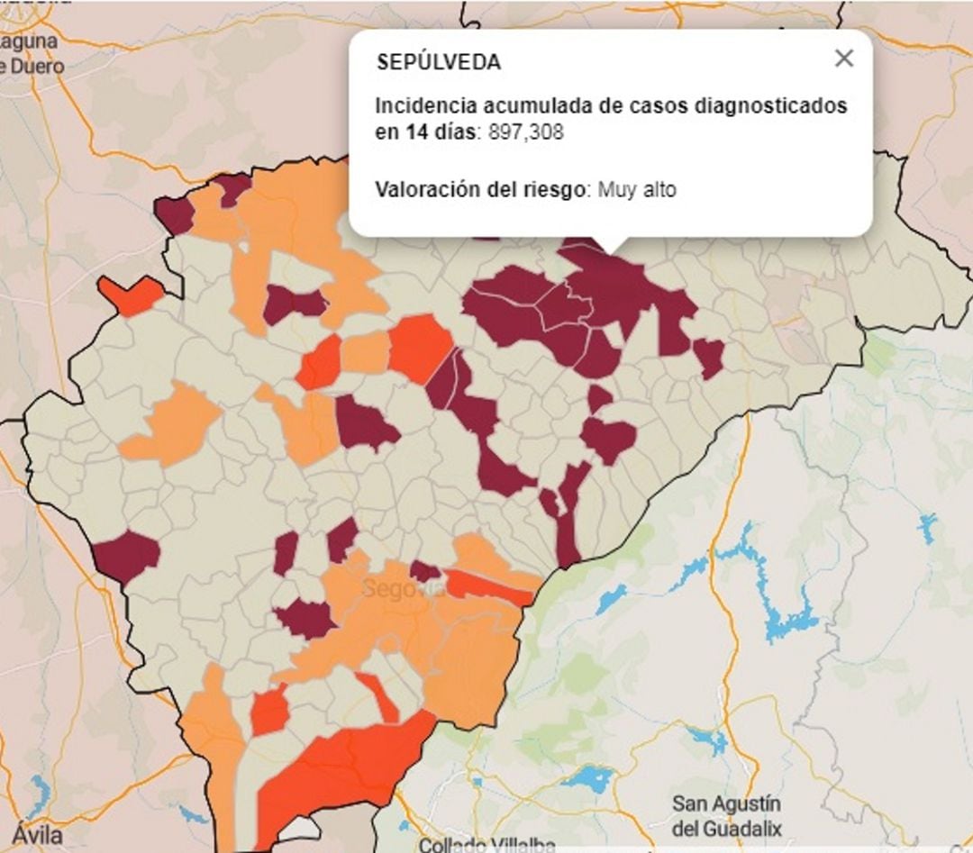 Mapa de incidencia acumulada de contagios en los últimos 14 días en la provincia de Segovia