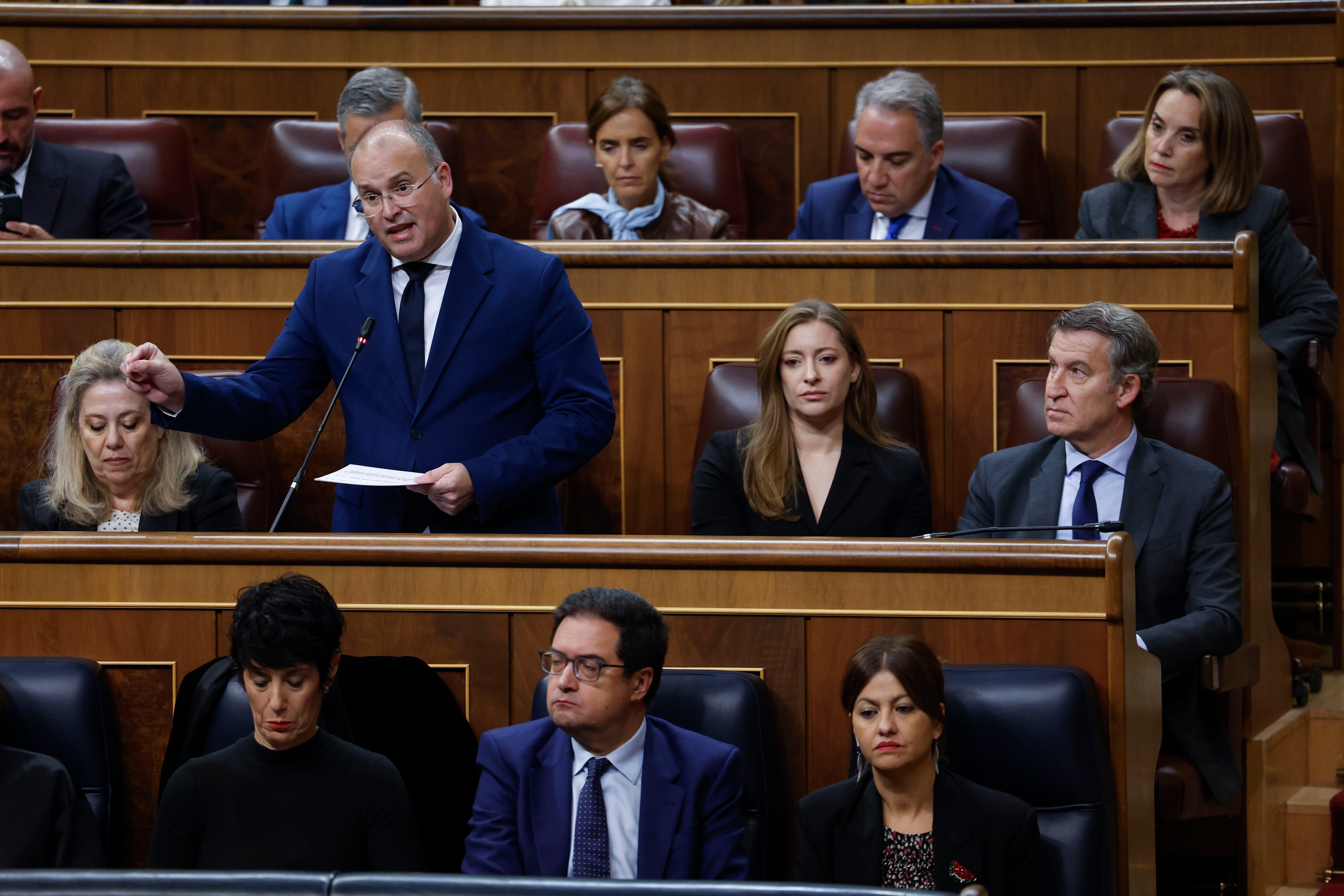El diputado del PP Miguel Tellado durante la sesión de control al Gobierno celebrada este miércoles en el Congreso.