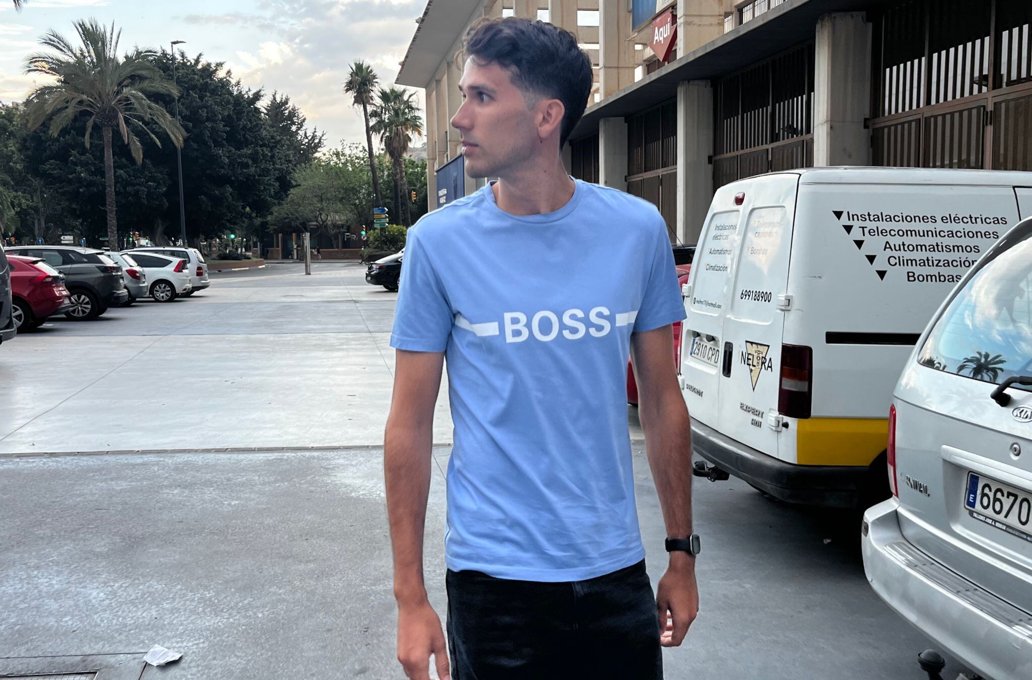 Juanpe Jiménez, a su llegada a La Rosaleda para el reconocimiento médico