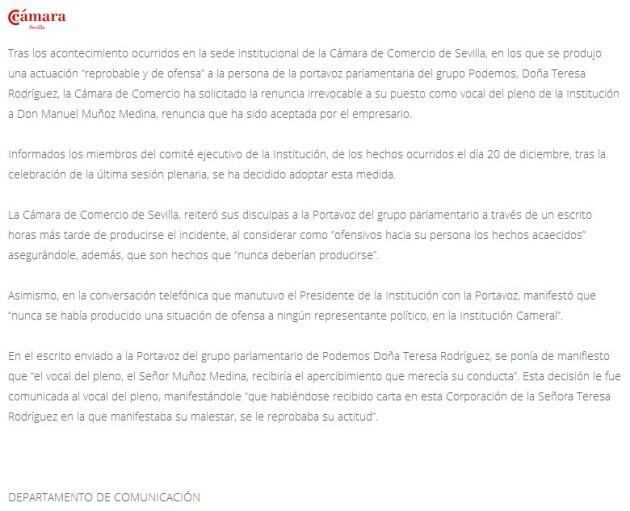 El comunicado de la Cámara de Comercio de Sevilla en el que se informa de la dimisión de Manuel Muñoz Medina.