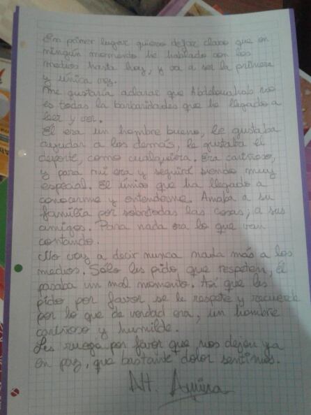 En la carta, la ex mujer dice que &quot;era un hombre bueno&quot; y &quot;amaba a su familia&quot; y amigos por encima de &quot;todas las cosas&quot;.