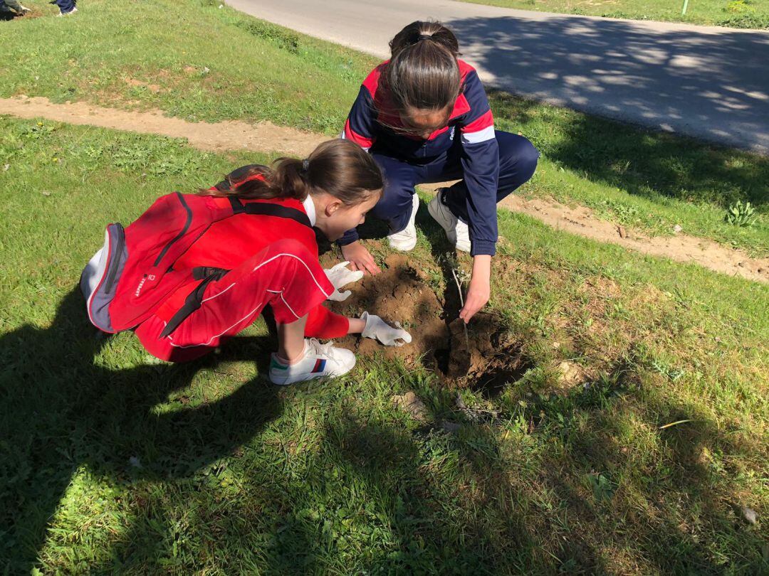 Dos alumnas durante la plantación de uno de los cien ejemplares