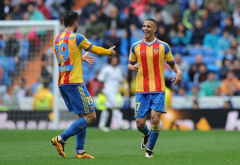 Rodrigo of Valencia CF celebrates after scoring his team's 2nd goal during the La Liga match between Real Madrid CF and Valencia CF at Estadio Santiago Bernabeu on May 8, 2016 in Madrid, Spain. 