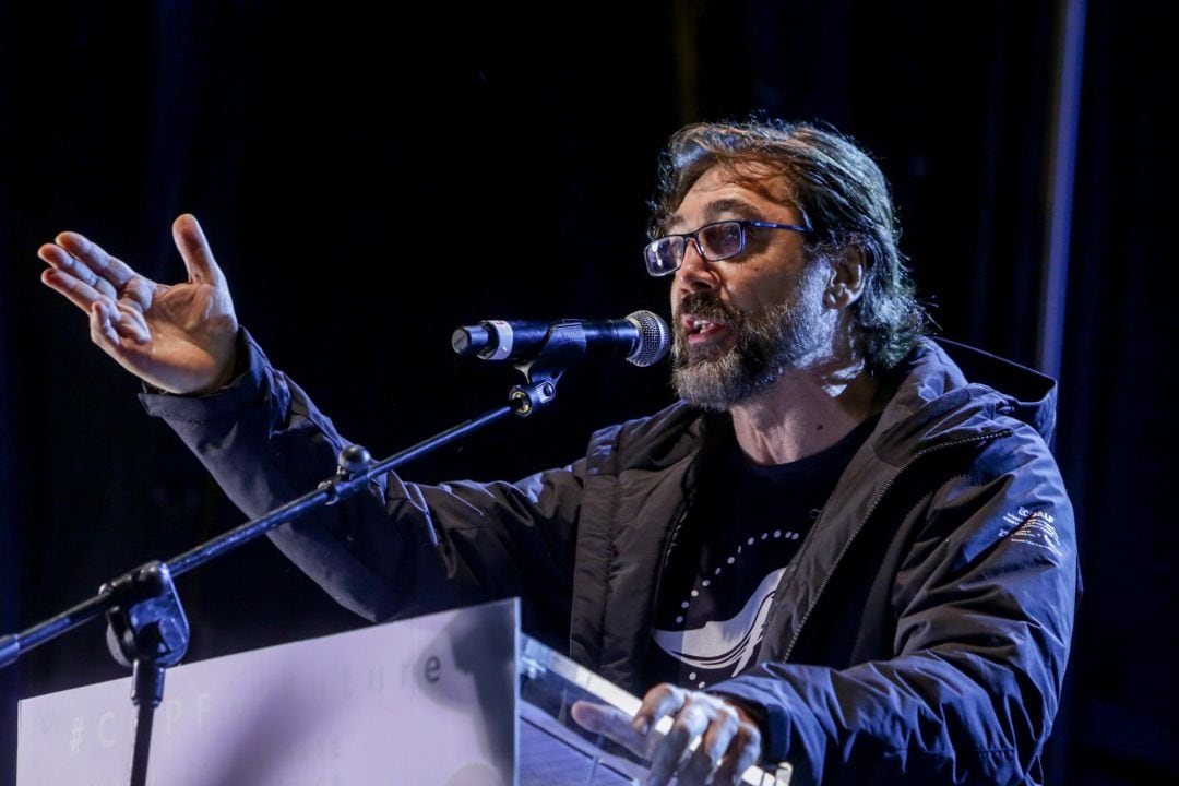 El actor Javier Bardem interviene en la Marcha por el Clima que recorre las calles del centro de Madrid a 6 de diciembre de 2019