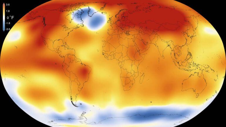 Mapa que muestra la temperatura media de la Tierra durante el año 2015 según los registros obtenidos por la NASA. 