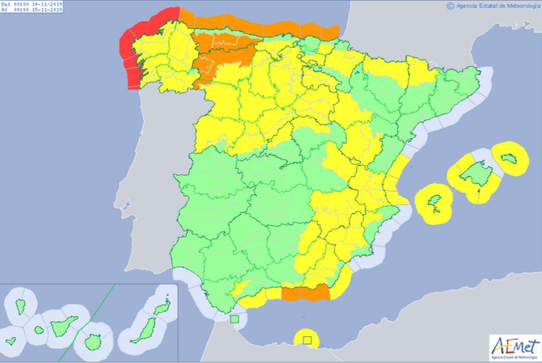 Mapa de alertas meteorológicas para el jueves 14 de noviembre.  