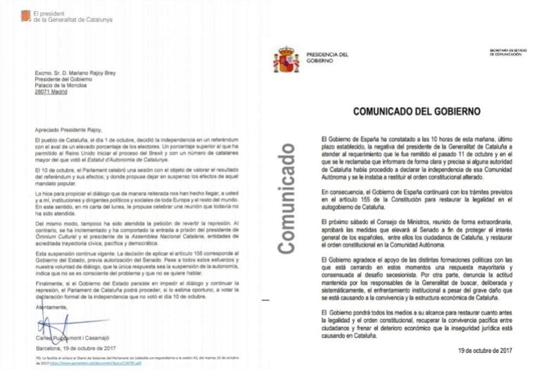 A la izquierda, la carta de Puigdemont; a la derecha, el comunicado del Gobierno.